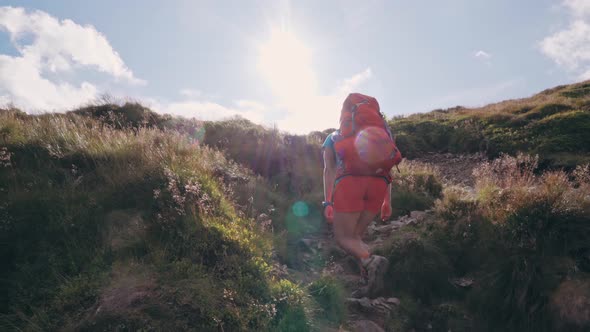 Tourist backpacker woman ascending the mountain on sunny day