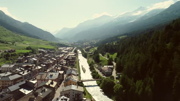 Aerial view of Lanslebourg village in Savoie, France.