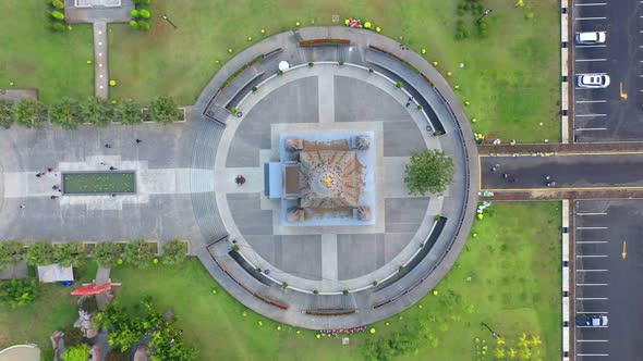 Aerial view of Wat Panyanantaram at sunset, a Buddhist temple in Pathum Thani City, Thailand.