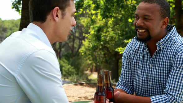 Male friends toasting beer bottles in outdoor restaurant 4k