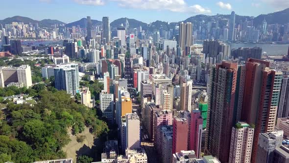 Drone fly over the Kowloon Peninsula in Hong Kong city