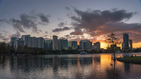 Timelapse of a Colorful Sunset at Lake Eola and City Skyline in Orlando, Florida