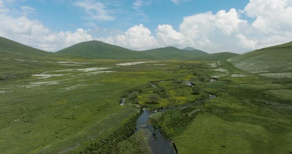 Flying Through Ktsia-Tabatskuri Managed Reserve In Samtskhe-Javakheti Region Of Georgia. Aerial Dron