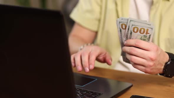 Close Up Male Hands Counting Money American Dollars Banknotes