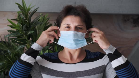 Woman Takes Medical Mask. Health Care and Medical Concept. Close Up Portrait