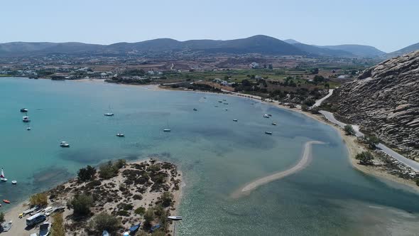 Kolimpithres beach on Paros island in the Cyclades in Greece viewed from the sky