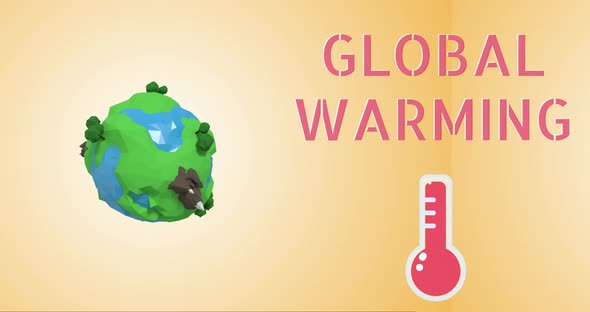 Global Warming text and thermometer icon against spinning globe and plane on orange background alt