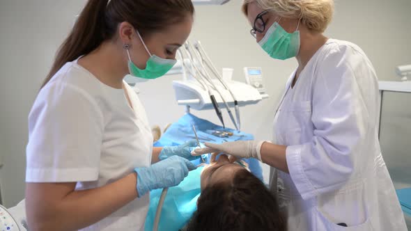 Female dentist and her assistant examining the teeth of a patient