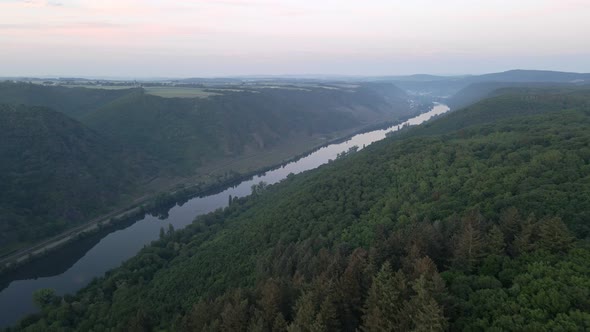 aerial view over the river moselle and the green hills near the city of Klotten in Germany