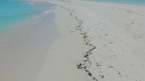 Aerial drone landscape of coastline beach trip by blue ocean and sand background