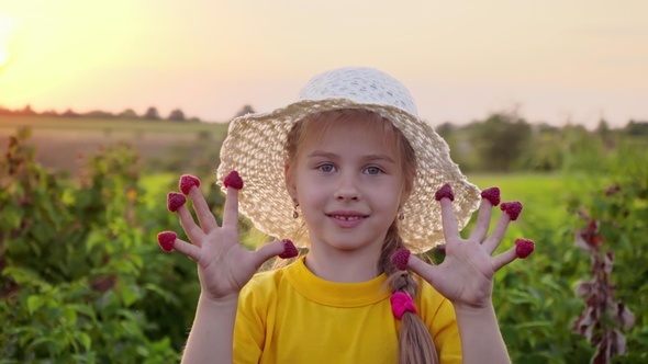 The girl eats raspberries from her fingers. Little kid in a straw hat