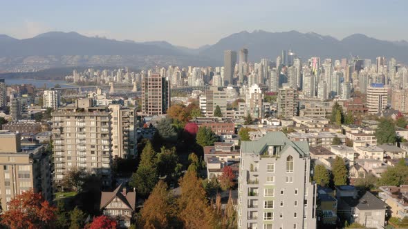 Aerial descending into a Vancouver neighbourhood.