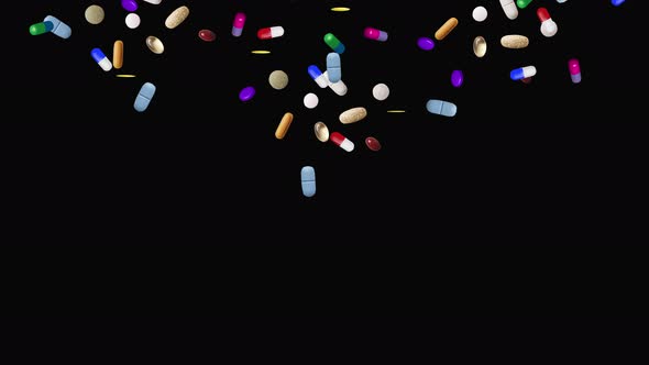 Different Pills Fall Down On Black Background