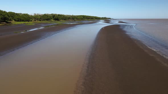 Lone bird takes flight from sand banks by La Plata River, aerial shot