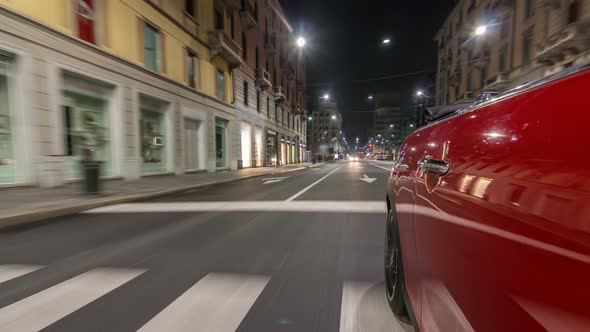 Car Moves at Fast Speed at the Night Avenue Timelapse Hyperlapse Drivelapse.