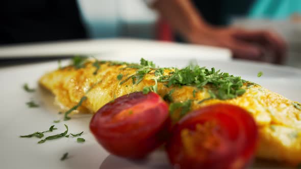 Professional kitchen of the restaurant, close-up: The chef sprinkles the finished omelet