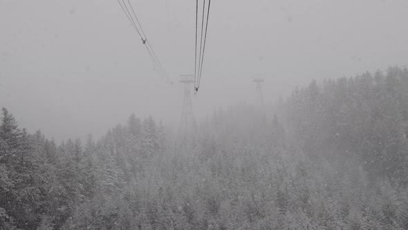 Gondola Tower Over Evergreen Trees Covered in White Snow During a Snowy Winter Season Day