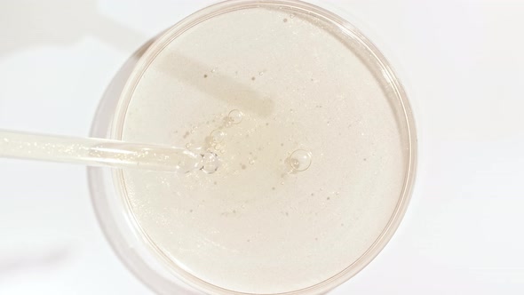 Transparent Cosmetic Gel Fluid Dripping From Pipette Into the Glass Bowl of Petri alt