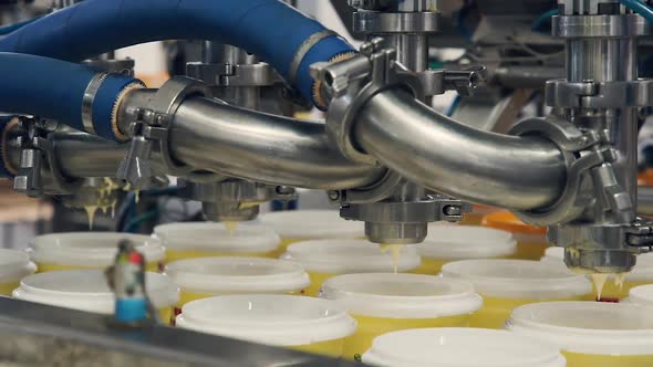 Mayonnaise is poured into the container on the conveyor. Sauce making line. Oil and fat factory