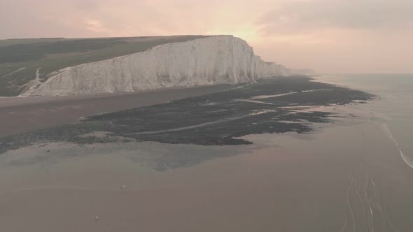 Seven Sisters cliffs, an iconic British landscape at sunset, South Downs National Park, England. Hig