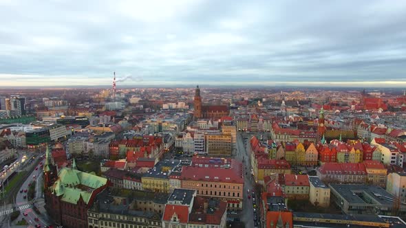 Aerial: Old town of Wroclaw at evening time