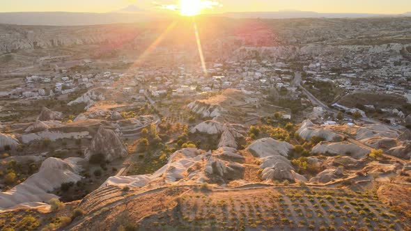 Sun Over Goreme. Cappadocia, Turkey. Aerial View