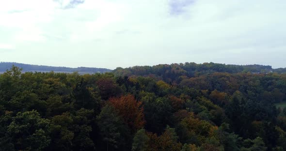 Beautiful drone video above a bavarian landscape in autumn