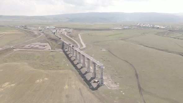 Aerial view of Railroad emergency stop track bridge in Akhalkalaki station, Georgia 2021