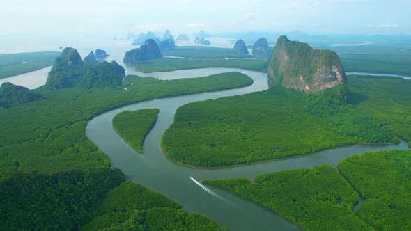 Aerial view from a drone over many islands at Phang Nga Bay