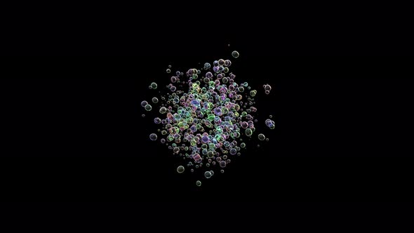 Camera diving into colored bubbles floating in the air on black background. CG Animation.