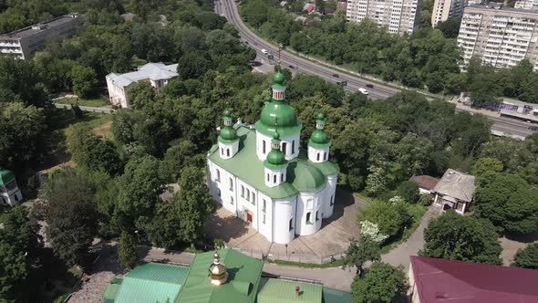 The Architecture of Kyiv. Ukraine: St. Cyril Church in Kyiv. Ukraine. Aerial View. Slow Motion.