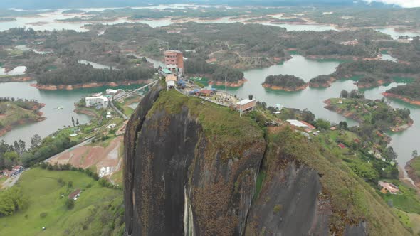 The Rock of Guatapé or El Peñón de Guatapé - Tourist site of Colombia - aerial drone shot