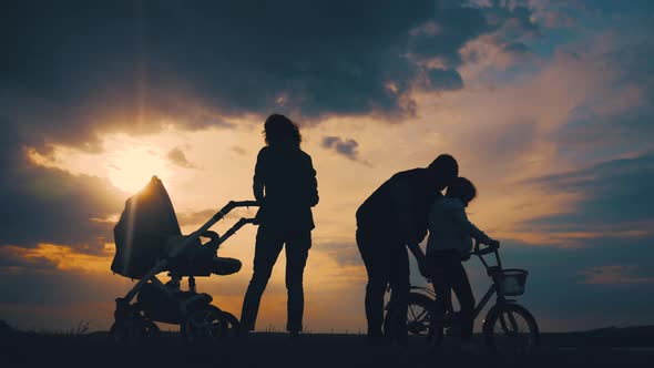 Silhouettes Happy Family Walks in Meadow at Sunset