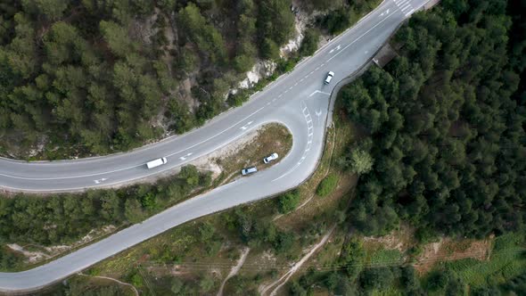 Aerial view of green forest and a road with cars