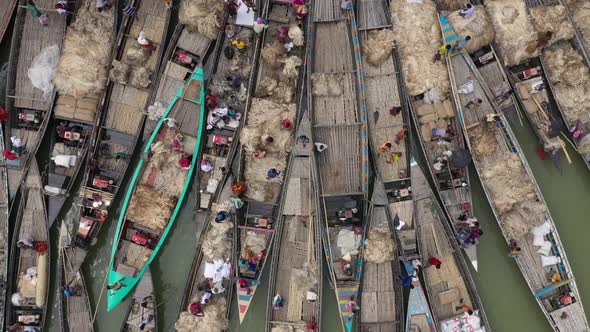 Aerial view of many Canoe docked along Rakti river, Bangladesh.