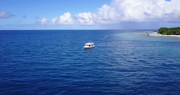 Daytime above copy space shot of a white sand paradise beach and aqua blue ocean background 