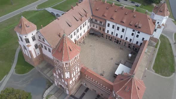 Aerial Photography View of the Quadcopter of the Mir Castle in Belarus, Which Is Located in the