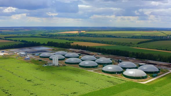 Modern biogas factory. Aerial drone view over biogas plant