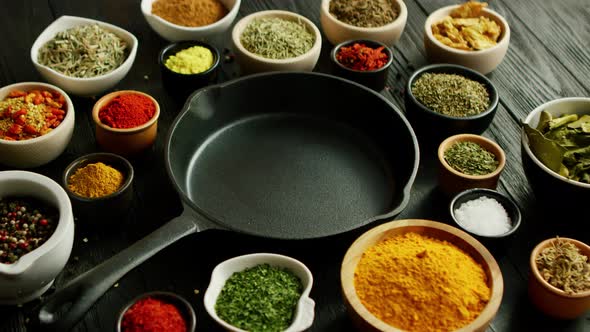 Bowls with Spices and Pan