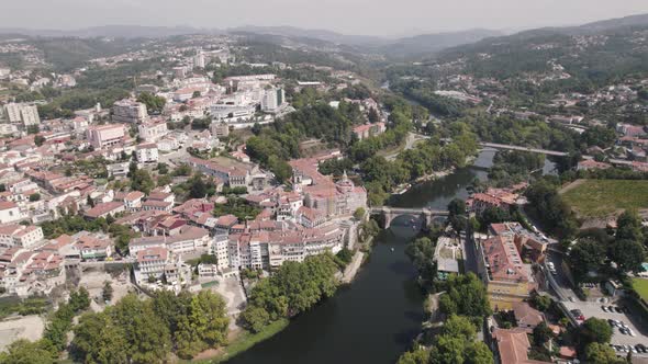 Panoramic aerial view of Amarante city, Portugal. Tamega River and historical centre