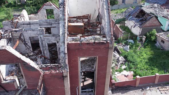 Aerial View of a Destroyed Building in the City of Makariv Ukraine