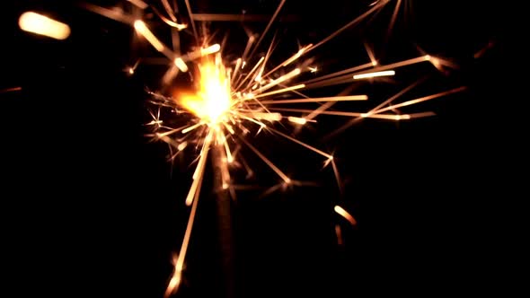 Festive Sparkler Emits Sparks on a Black Background Closeup