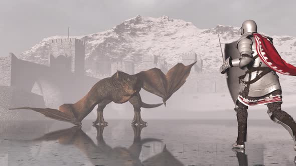 Medieval Knight Fights a Firebreathing Dragon in the Background alt