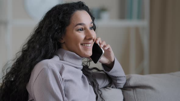 Portrait Joyful Young Woman Resting at Home Talking on Telephone Excited Hispanic Girl Enjoy Nice