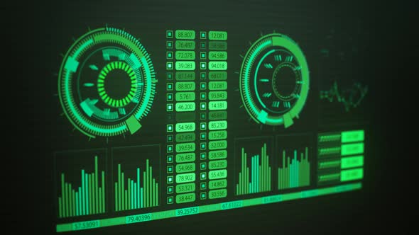 Advanced futuristic graphic interface. Displays abstract diagrams and charts.