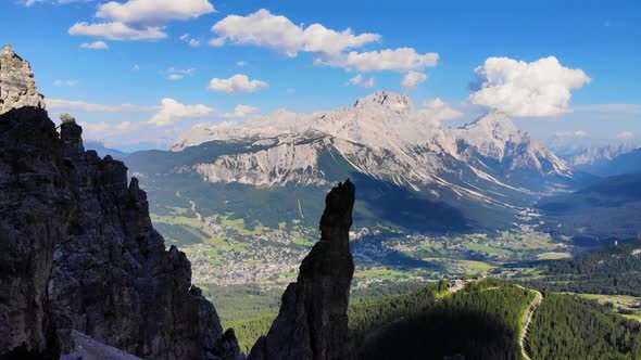 Dolomites Mountains Italy. Aerial view of Cortina d' Ampezzo surrounded by majestic mountains.