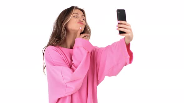 Cheerful Woman Smiling Posing Taking Selfie Use Mobile Phone Isolated