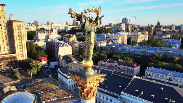 Monument in the Center of Kyiv, Ukraine, Maidan, Aerial View