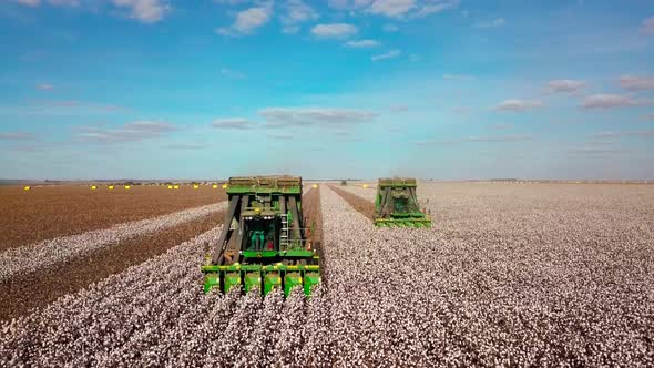 Tractor machine cotton pickers harvesting rows of valuable crop - pull back aerial leading view