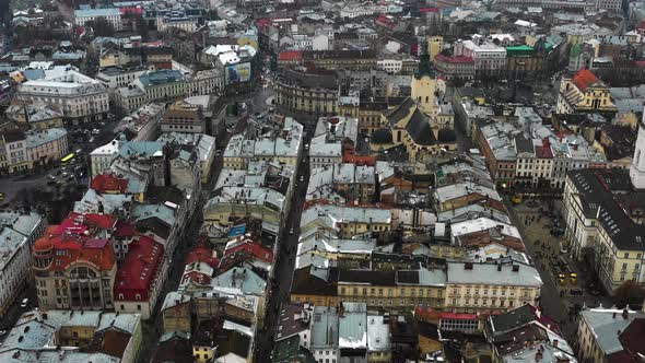 Flying above the city center in Lviv, Ukraine